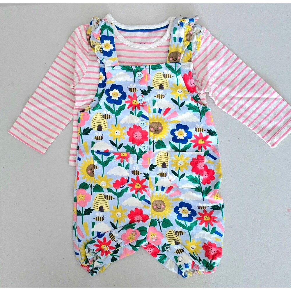 NWOT Baby Boden Stripe Tee & Overalls Set-Flower & Bee, Size 0/3